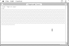 Compact Macintosh black & white screen showing the output of a Macintosh version of the 10 PRINT
            program within a window.