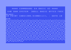 A Commodore 64 Screen with startup message, the 10 PRINT program typed in and a developing maze
            from running the program.