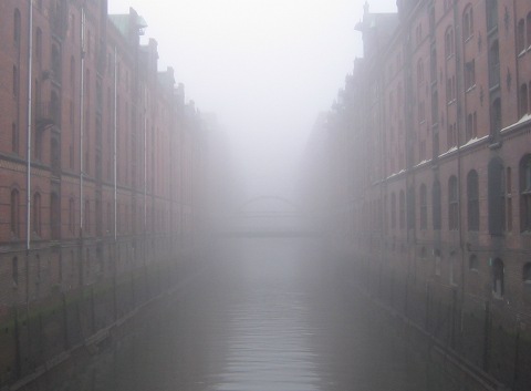 Speicherstadt Hamburg in heavy fog
