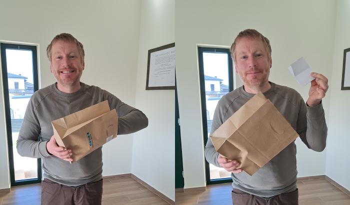 Two pictures side by side. Andreas reaches into a paper bag with one hand and then holds the drawn lot in towards the camera.