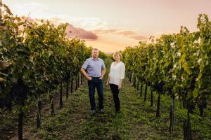 Kathrin und Andreas stehen in einer Rebzeile zwischen reifen Blaufränkisch Trauben